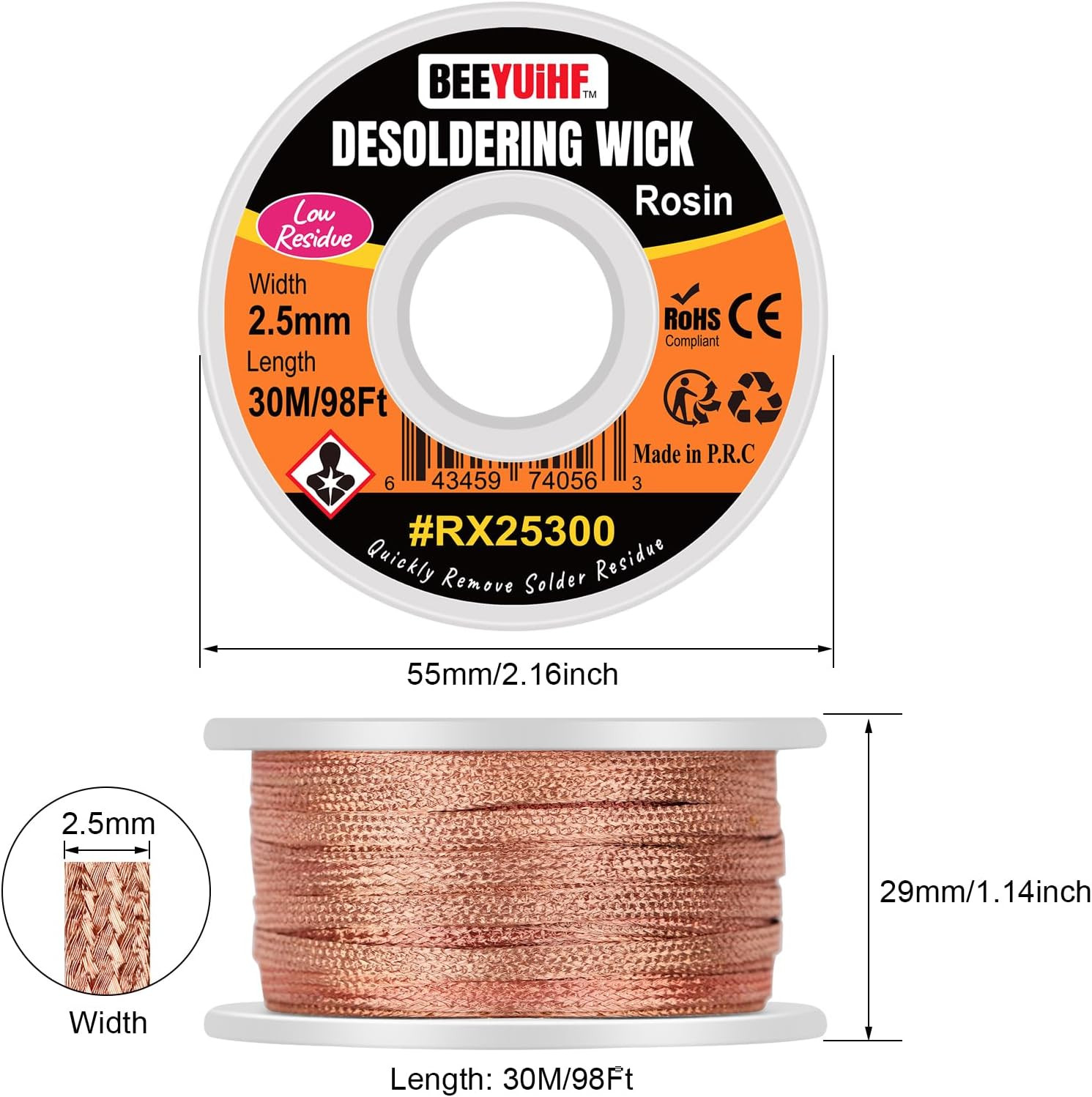 Desoldering Wick Braid 30M - 98ft Length 2.5mm Width Solder Wick Braid with F...