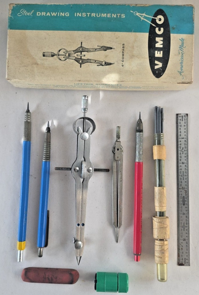 4" Vemco Drafting Compass x/ Box, 3 Drafting Pencils, Lead, Ruler & Sharpener