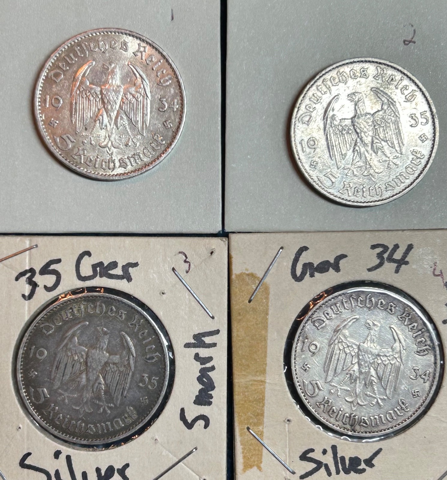 Lot of 4 WWII 5 Mark German Silver Coin Potsdam Reichsmark Fineness .900