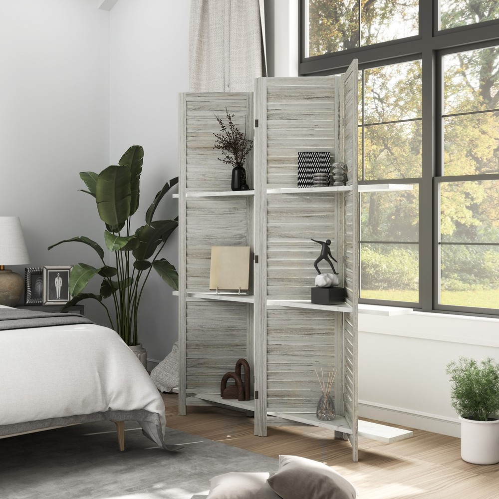 4 Panel Privacy Screen, Room Divider with 3 Shelves Distressed White