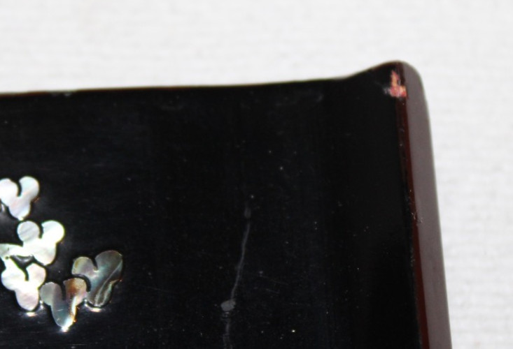 VTG black lacquer cigarette box w/ lid tortoise & the hare race MOP inlay RARE