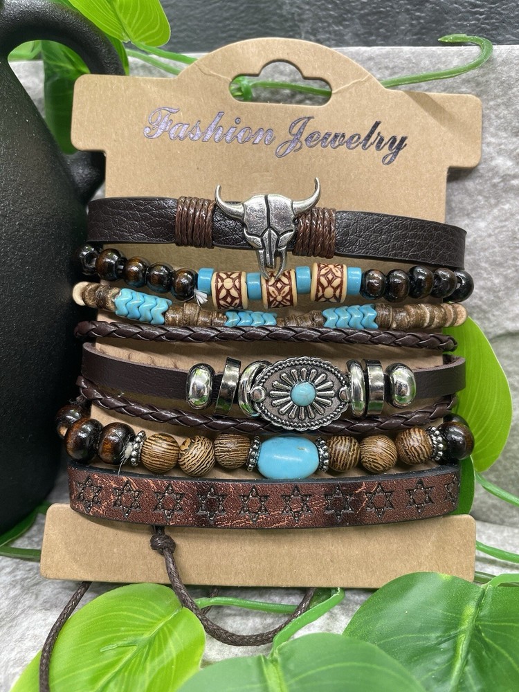 6 PC Leather Punk Bracelet Stackable Adjustable Tie New Free Ship B2812