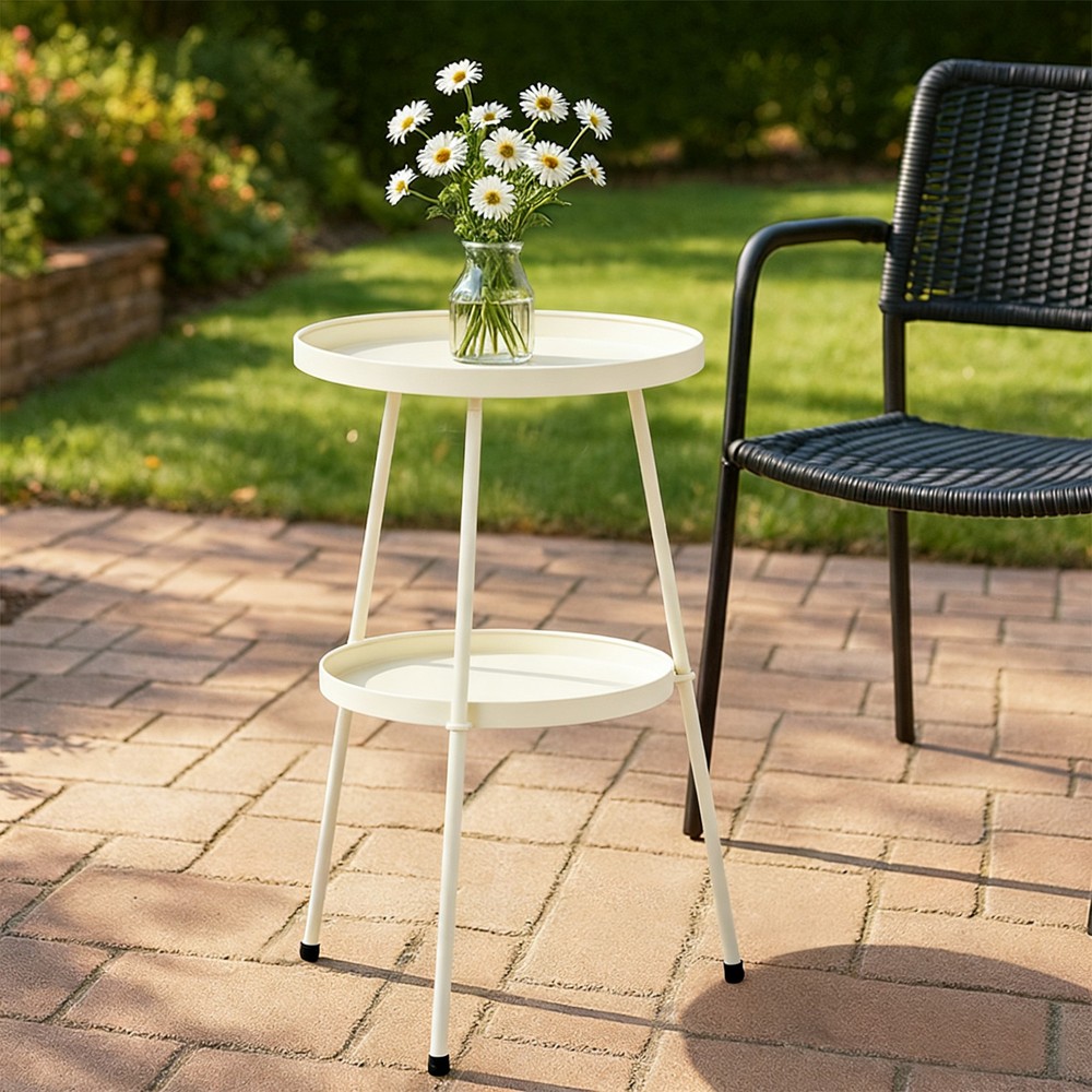 Patio Small Side Table, Round 2 Tier End Table, Metal Round Coffee Table, White