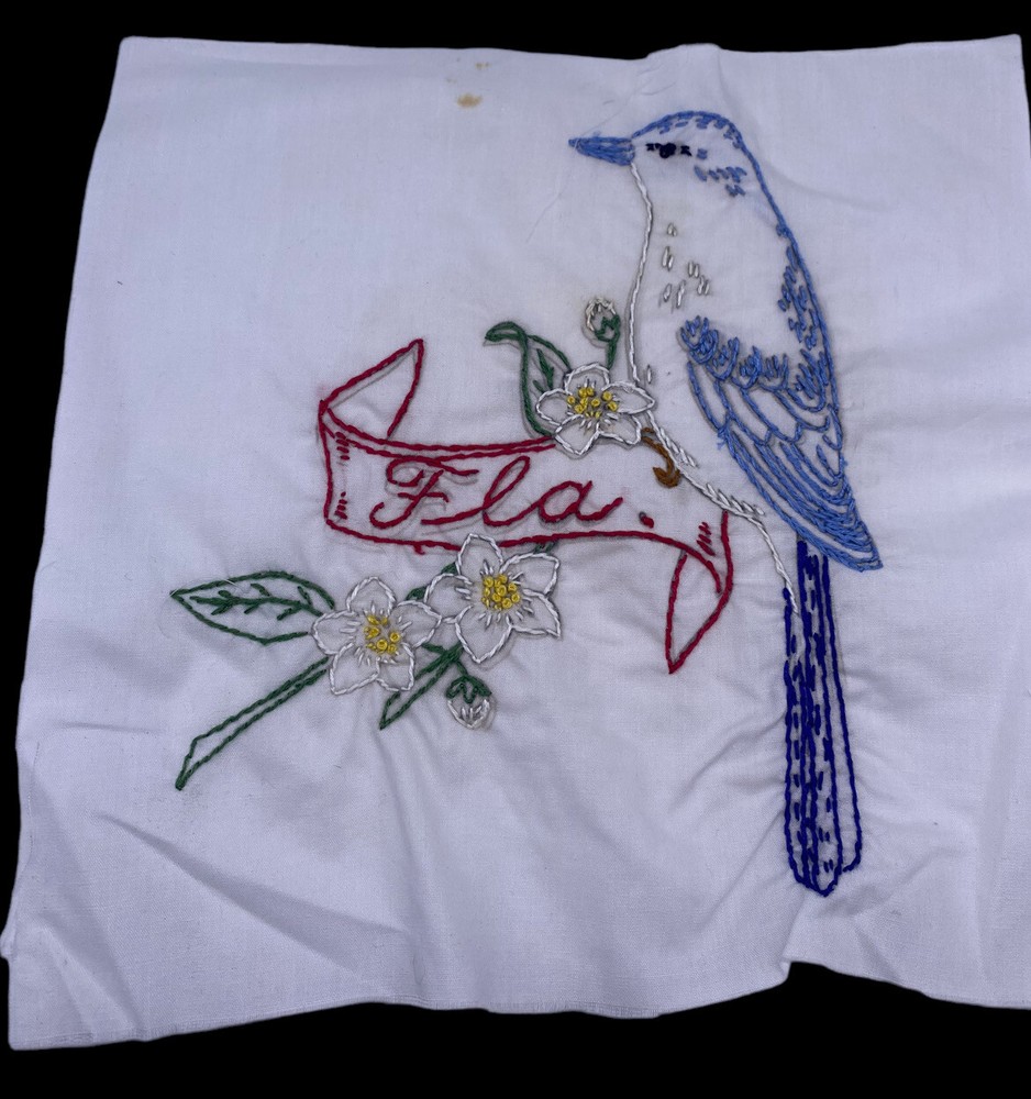 Florida Bird Embroidered Quilted Square Frameable Art State Needlepoint Vintage