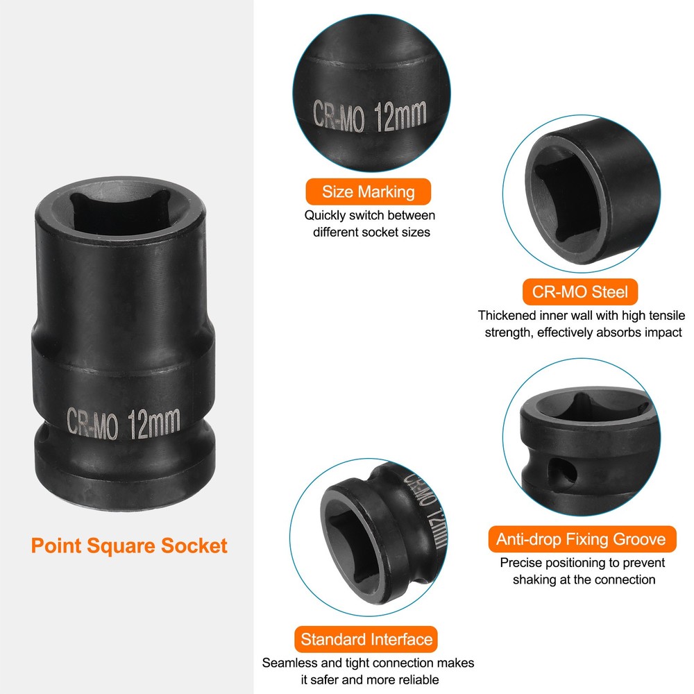 4 Point Square Socket 1/2" Drive 12mm Metric CR-MO Square Impact Wheel Socket