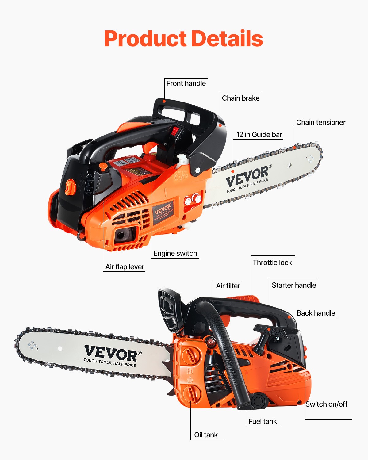 VEVOR 25.4CC 12" Gasoline Chainsaw Powered Wood Cutting Engine Gas Chain Saw