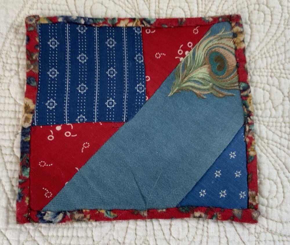 Vintage Patchwork Quilt Small Table Topper, Triangles, Squares, Early Calicos