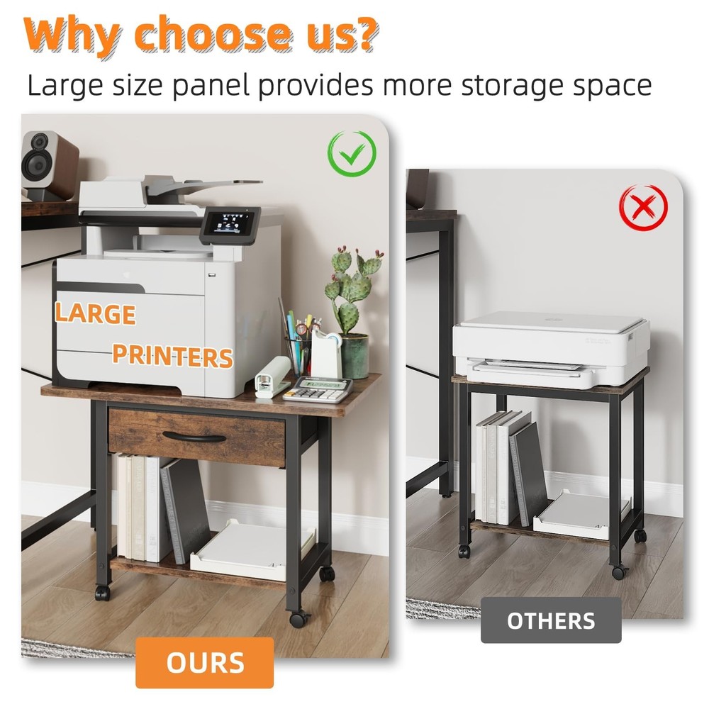 Large Printer Stand with Storage Drawer, 2-Tier Under Desk Table for Home Off...