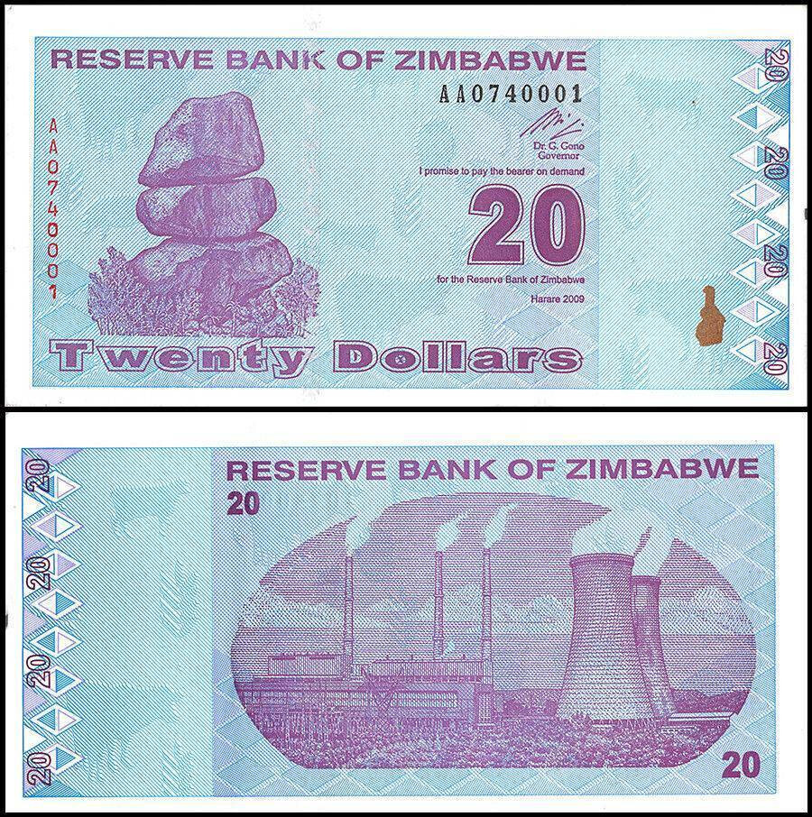 Zimbabwe 20 Dollars Banknote 2009 Uncirculated UNC Revised Trillion AA+ P-95