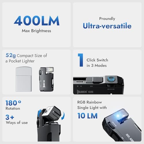 G5 Rechargeable EDC Flashlight, 400 Lumens Dual Light Sources Mini Black