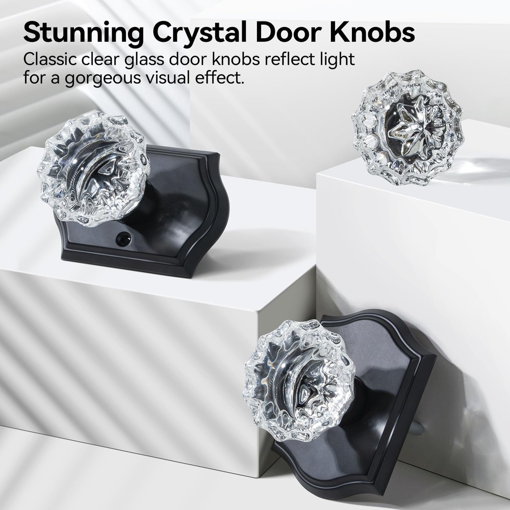 Calzibeno Glass Door Knobs, Black Crystal Door Knobs, Passage Glass Crystal D...