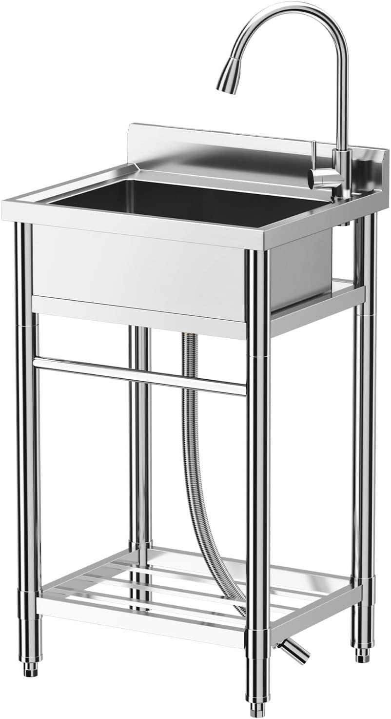 24"x20"x41" Stainless Steel Utility Sink Freestanding Single Bowl W/Water Faucet