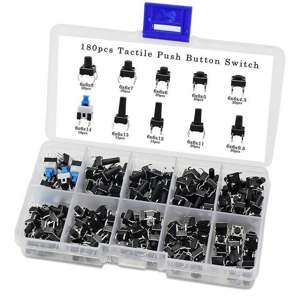 180PCS 10 Type 6X6 Light Touch Switch Push Button Switch Kit Assortment T2N9