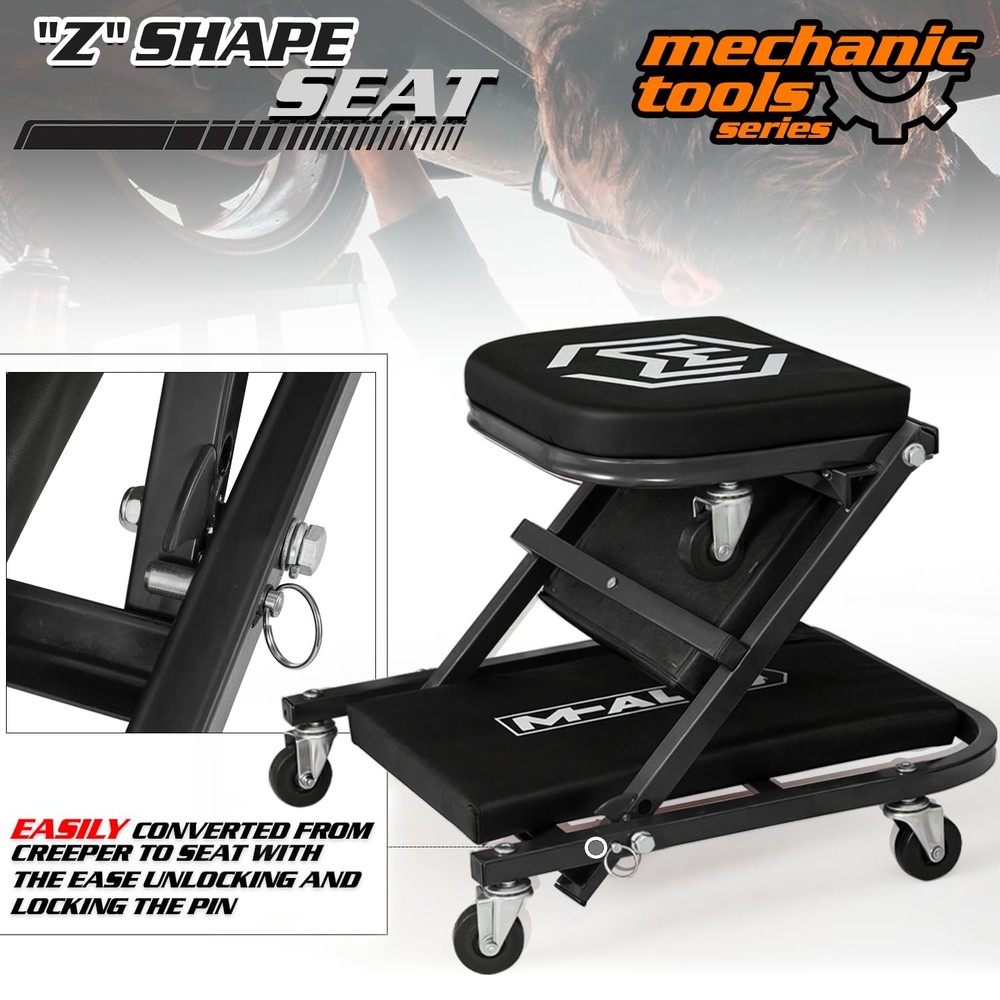 Foldable 2in1 Rolling Car Creeper & Seat, 36" Adjustable, 330LBS Capacity