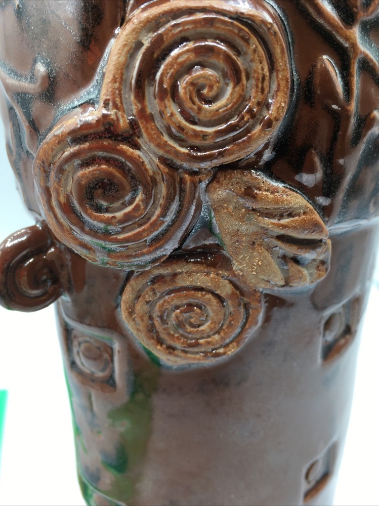 studio art pottery brown glazed vase applied flowers signed OOAK