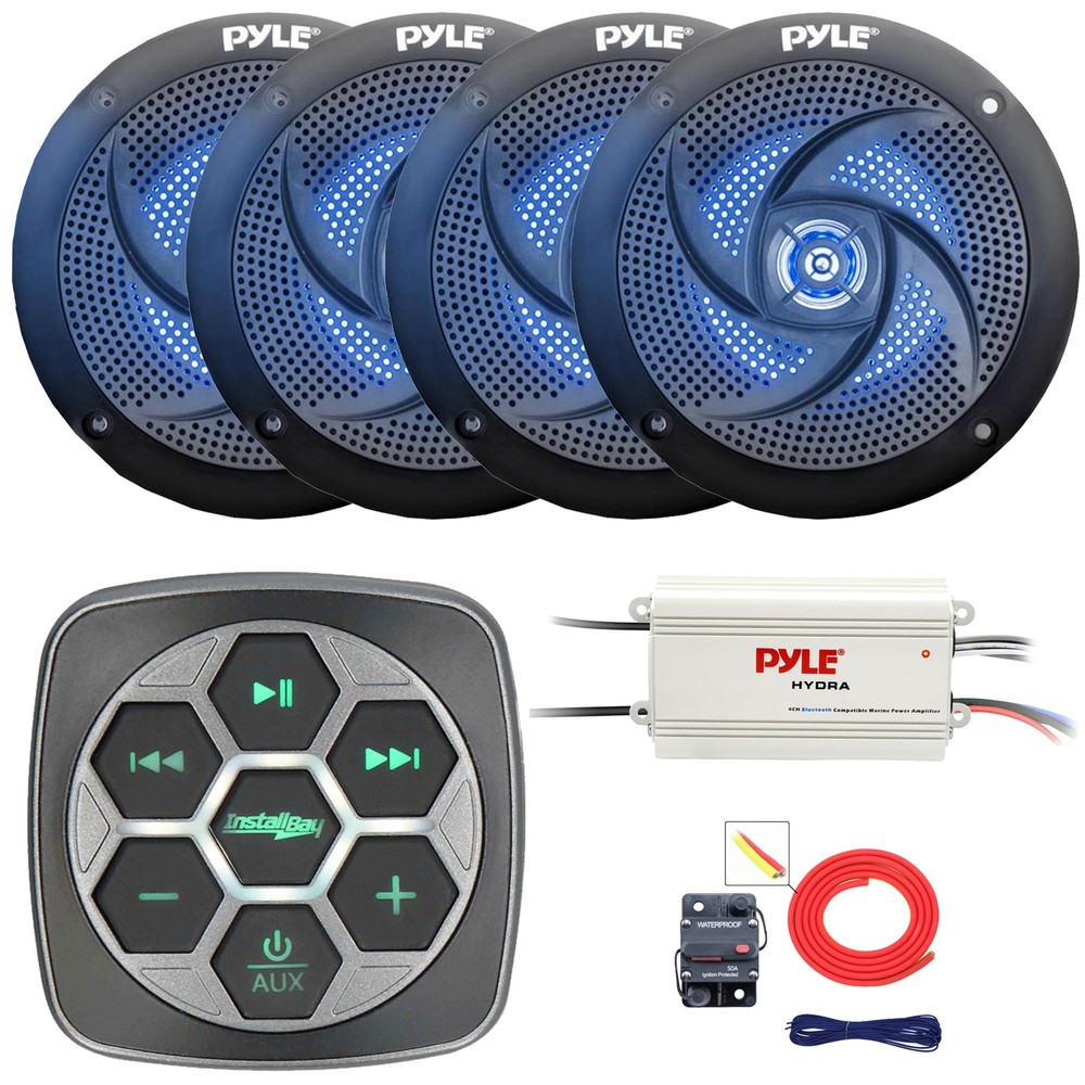 Metra Bluetooth Controller, 4x 4" 100W Blue LED Boat Speakers, Amplifier, Kit
