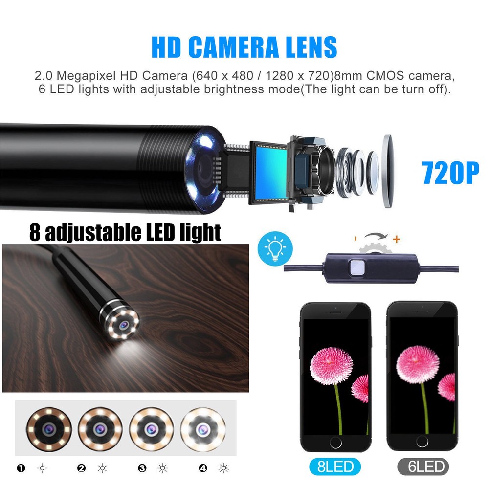 5M 8LED WiFi Borescope Endoscope Inspection Camera for iPhone Android iOS