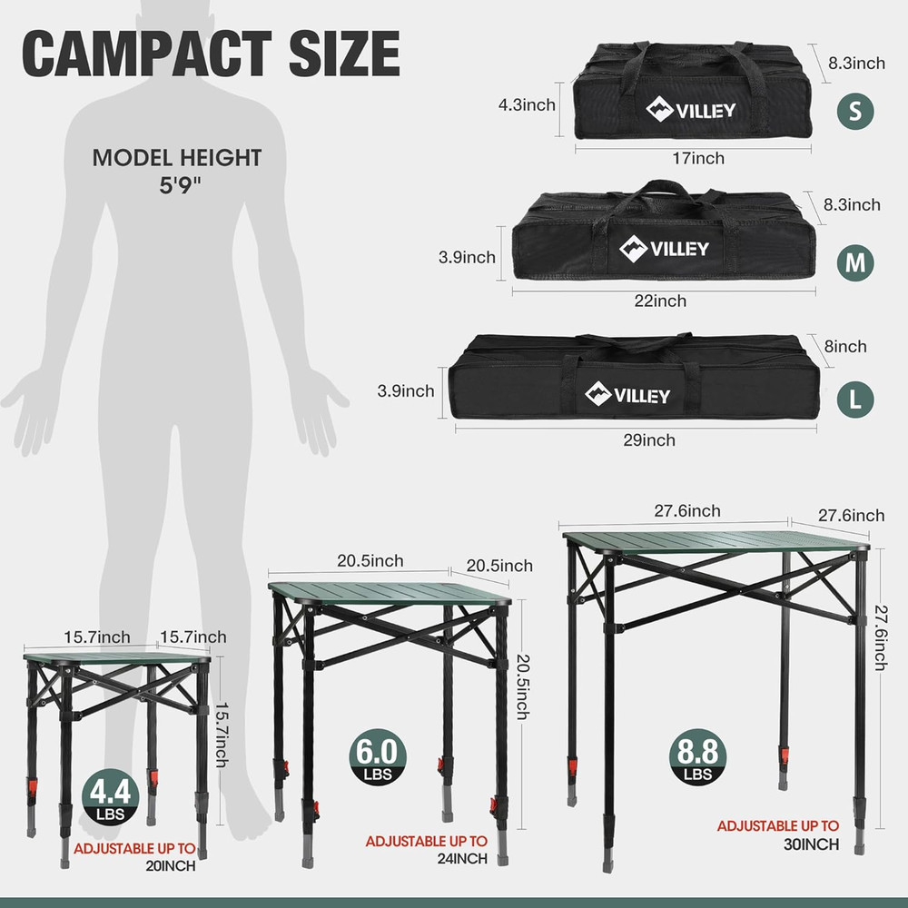 Folding Camping Square Table with Carry Bag, Lightweight Aluminum Adjustable Squ