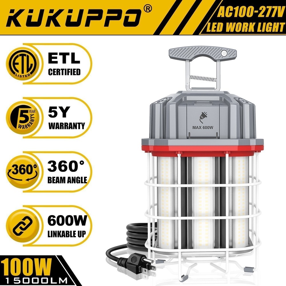 100 Watt LED Temporary Work Light, Linkable Warehouse,Garage & Workroom Lighting