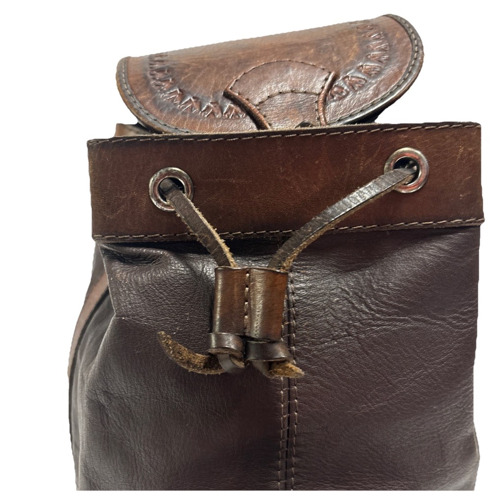 Handcrafted Leather Backpack - Embossed & Stitched Brown Drawstring Bag Vintage