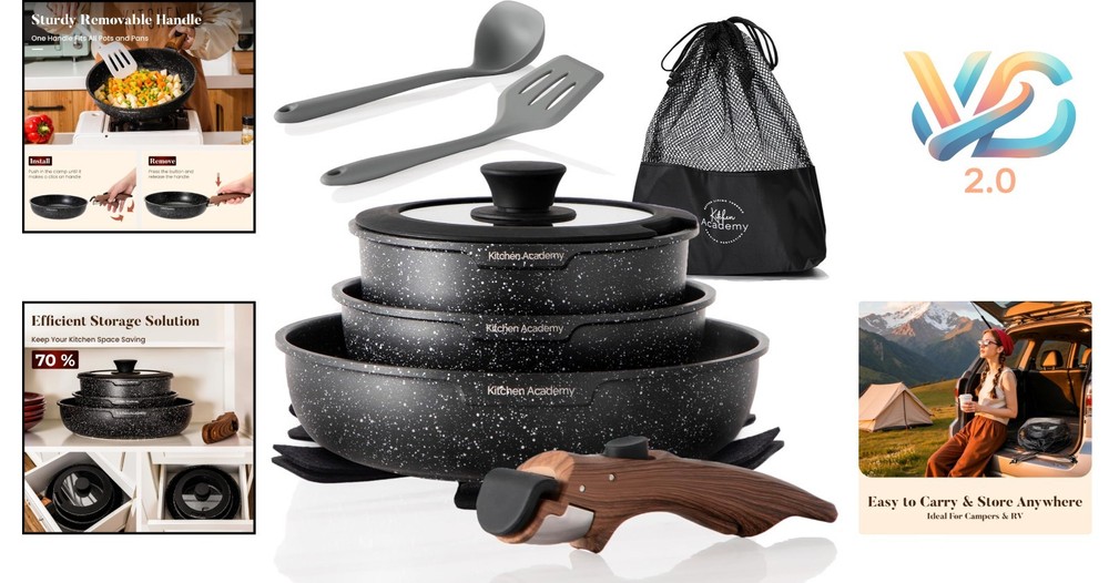 10-Piece Non-Stick RV Induction Cookware Set with Removable Handle Black