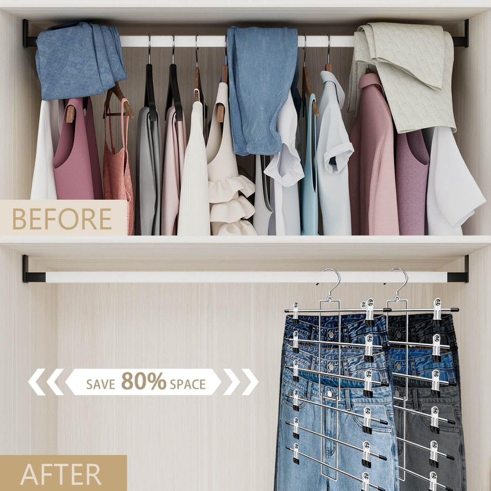 Pants Hangers with Clips,Space Saving Hanging Closet 2 pack, Silver