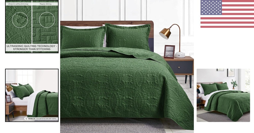 King Size Quilt Set - Lightweight Bedspread with Coin Pattern - Olive Green