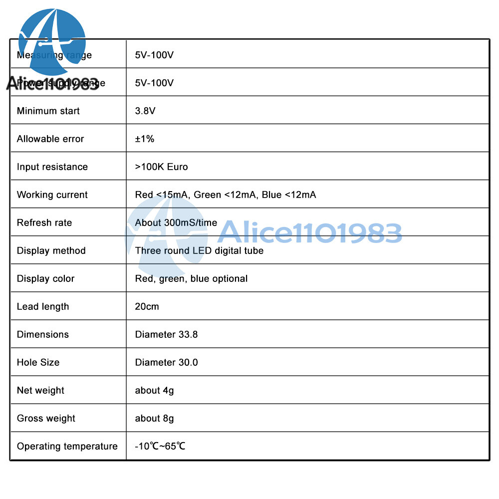 DC5V-100V Voltmeter Digital Display Voltage Meter Tester Panel Voltage Indicator