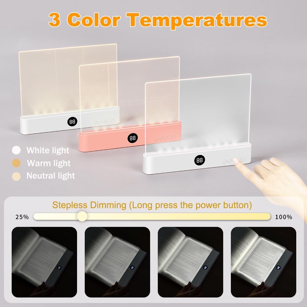 Book Light, Rechargeable Clear LED Flat Reading Light with 3 Colors Timer, D...