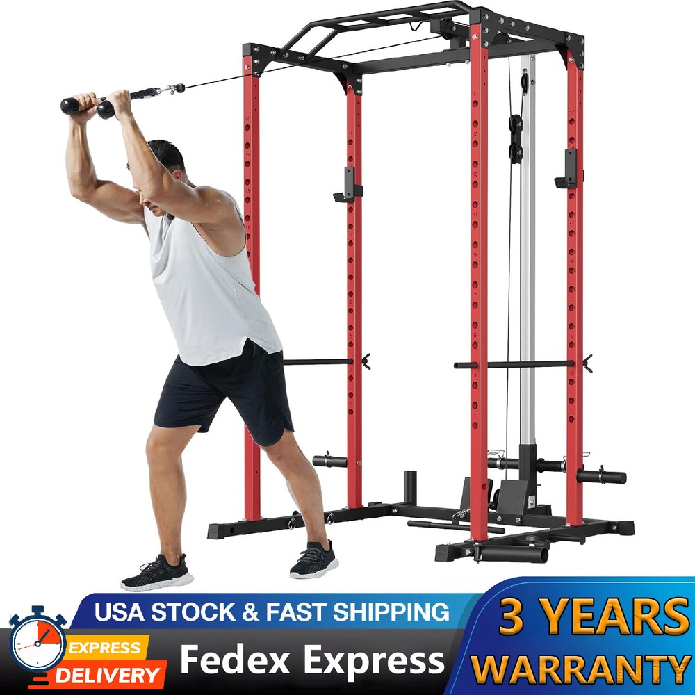 Power Cage, Multifunctional Squat Rack with Pulley System ,J-Hooks, Dip Handles
