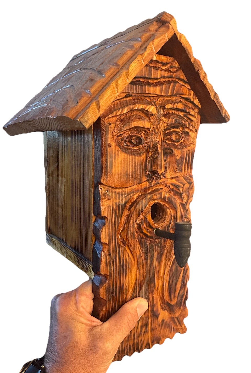 Hand Carved Wood Spirit Birdhouse Rustic Folk Art Tree Face Handmade Cedar
