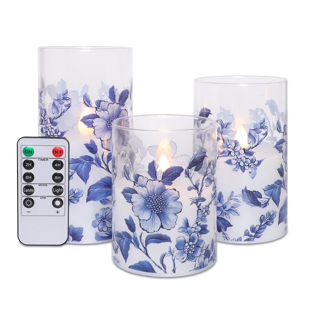 Flameless Candles Glass with Remote Control & Timer Function, Blue and White ...