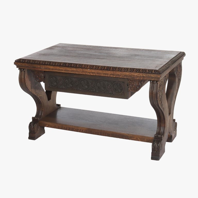 Arts & Crafts Carved Oak Trestle Library Table C1910