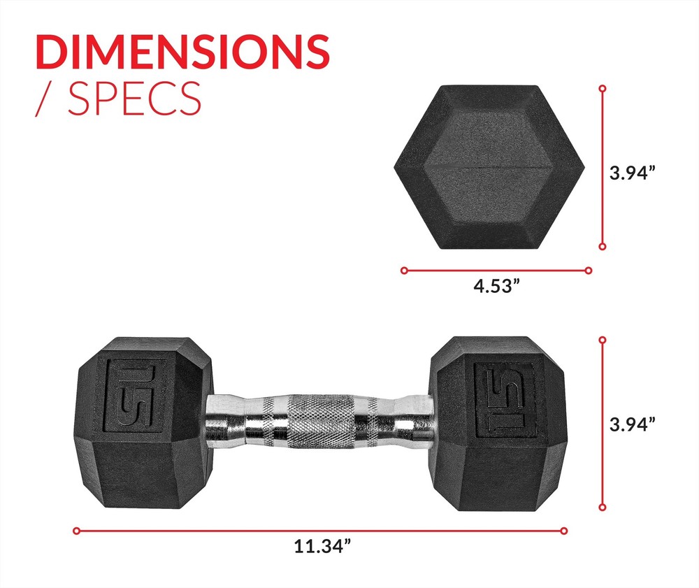 Barbell, 15lb Rubber Hex Dumbbell, Single