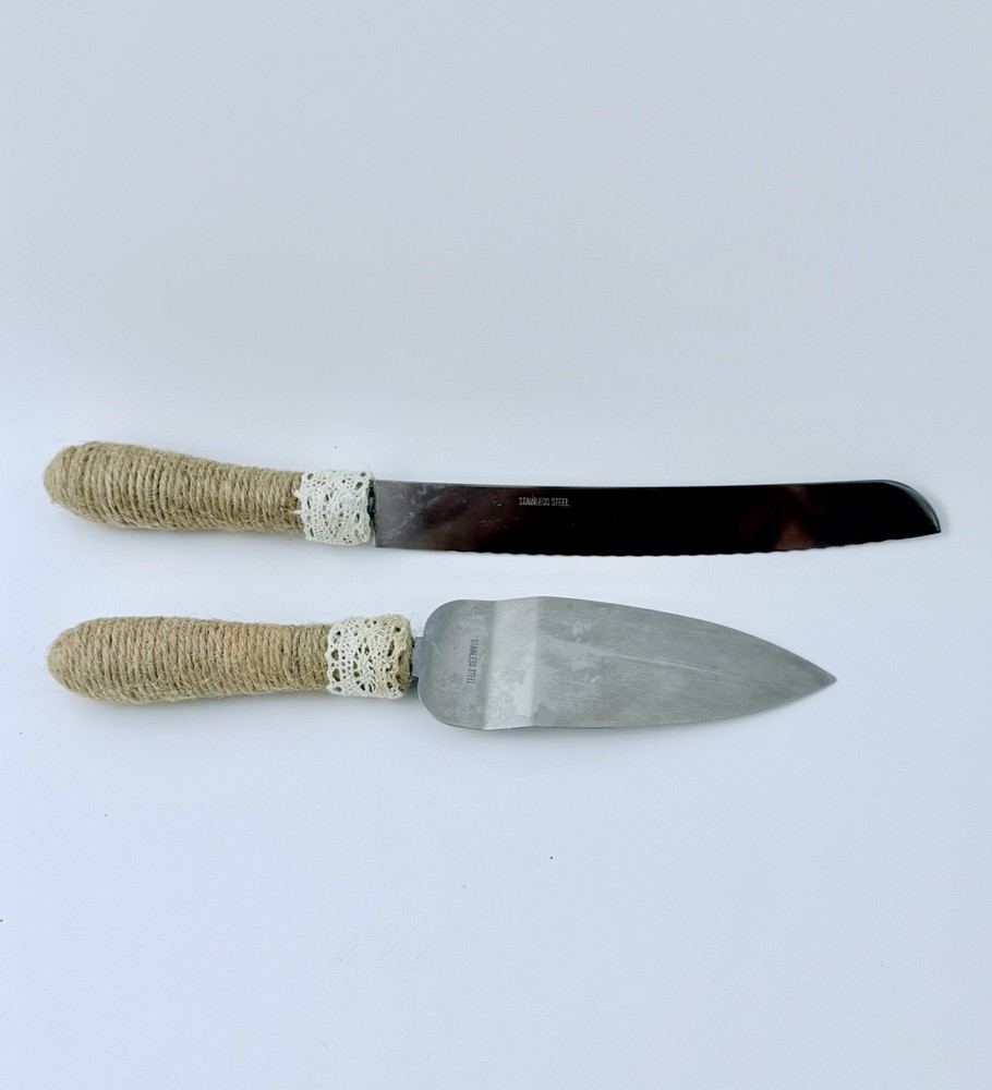 VTG Rustic Cake Server Knife Set Twine Wrapped Handles Stainless