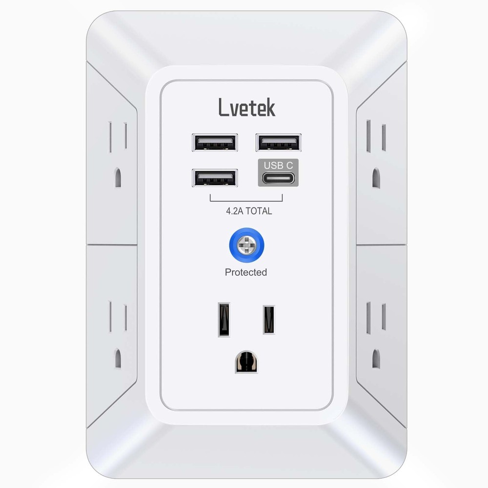 5 Outlet Extender Multi Plug Wall Outlets with 4 USB Charging 3U1C, White