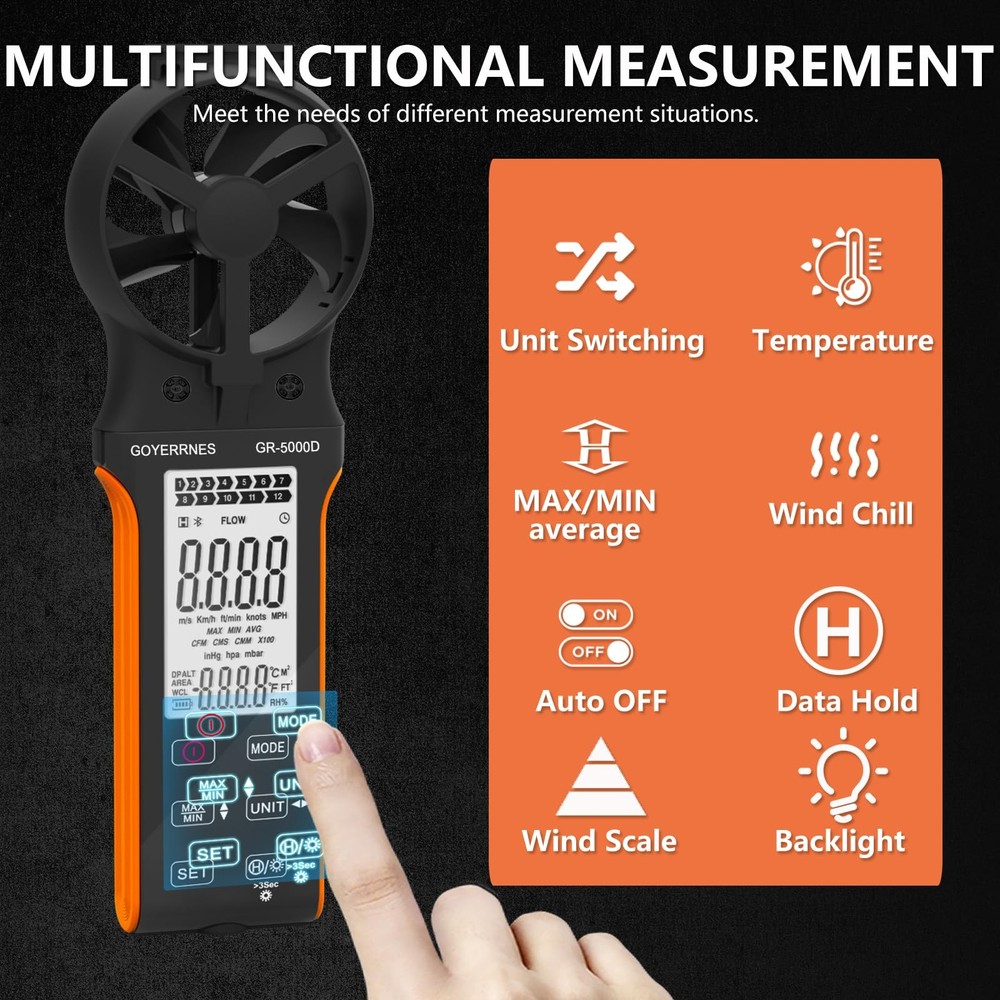 Air Flow & Wind Speed Meter, Handheld CFM Anemometer with Waterproof Touch Bu...