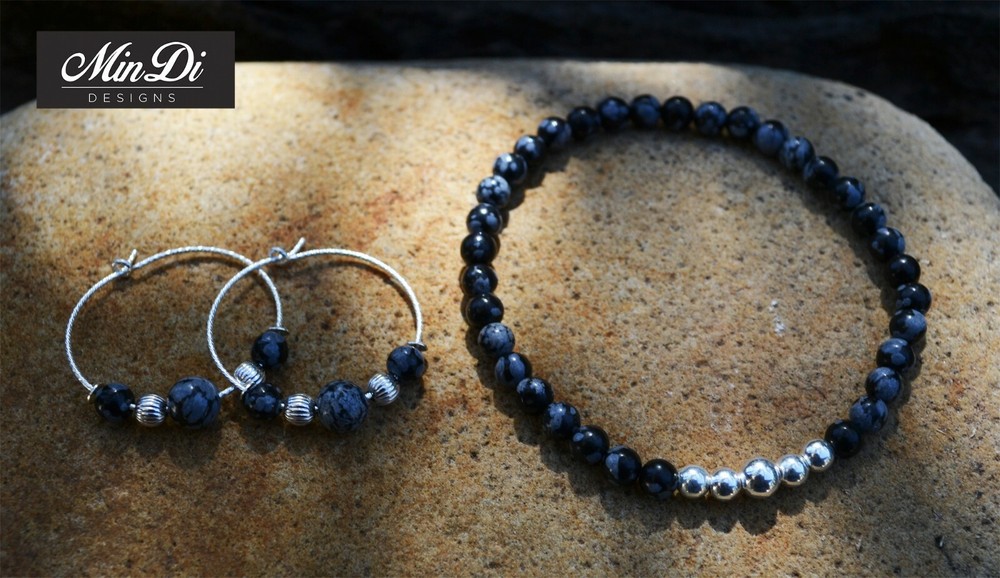 Stretch Bracelet with Sterling Silver, Obsidian Snowflake.