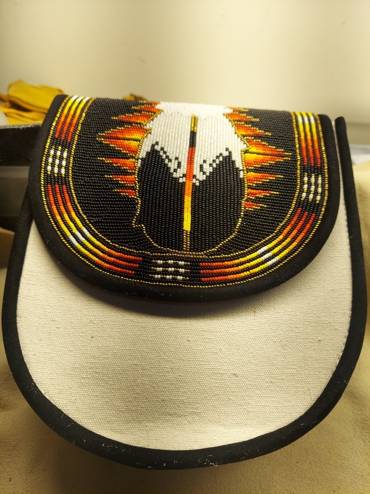 Native American Styled Beaded Canvas Bag, Black Feather
