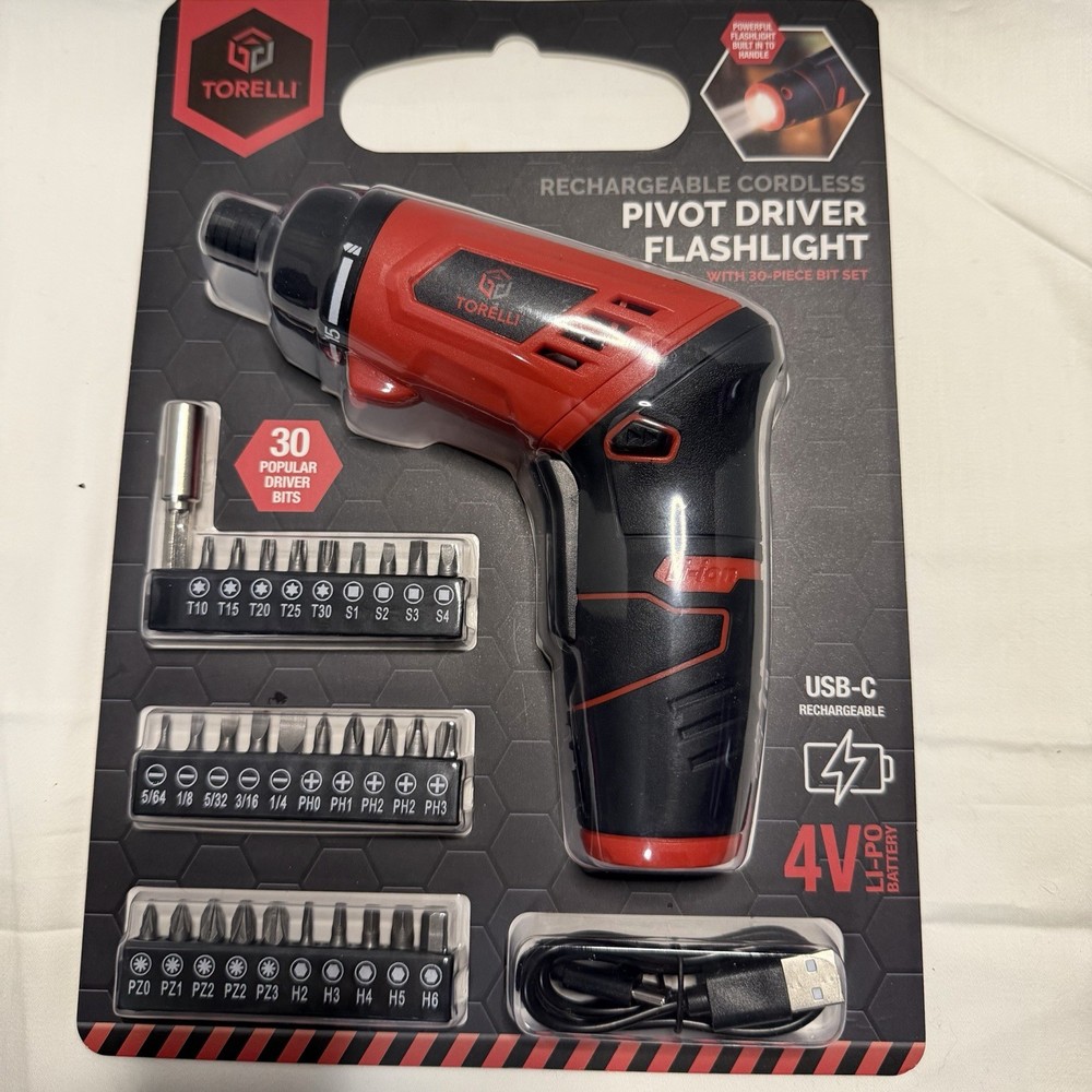 New Torelli Rechargeable Cordless Pivot Driver Flashlight with a 30-piece Bits
