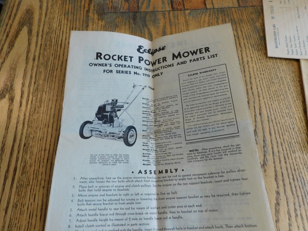 Vintage ECLIPSE ROCKET POWER MOWER Briggs & Stratton INSTRUCTIONS