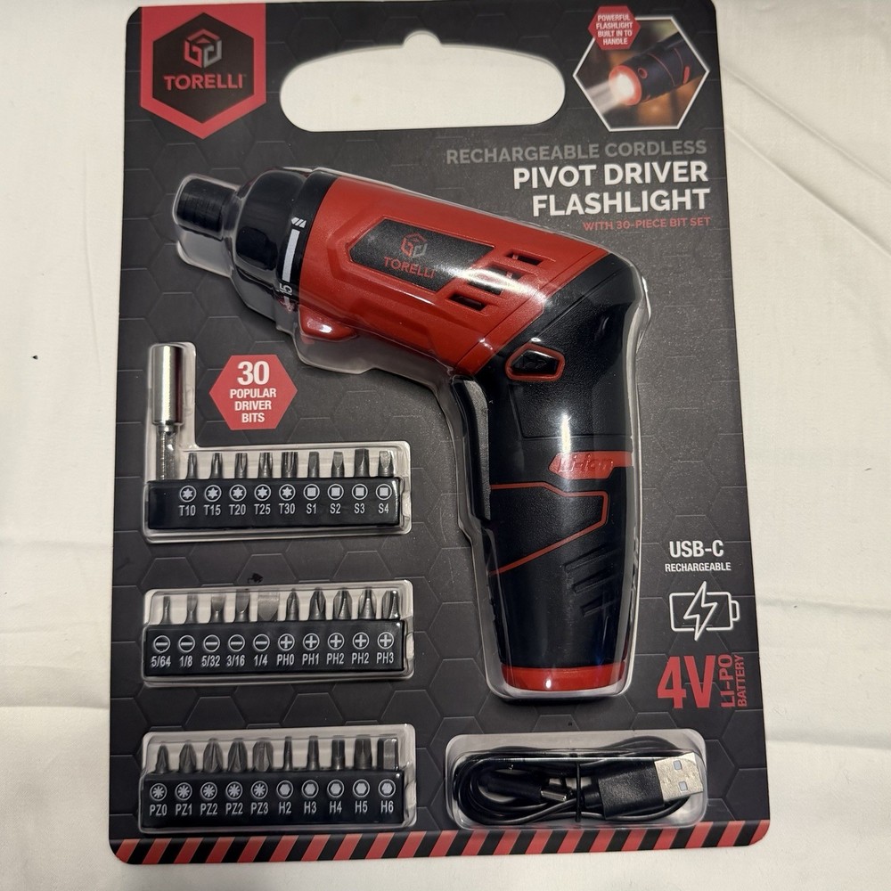 New Torelli Rechargeable Cordless Pivot Driver Flashlight with a 30-piece Bits