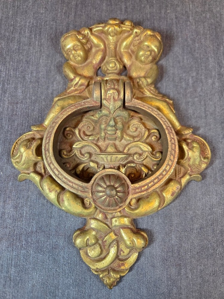 Large Solid Brass Cherub Door Knocker with Dogs and Gargoyle