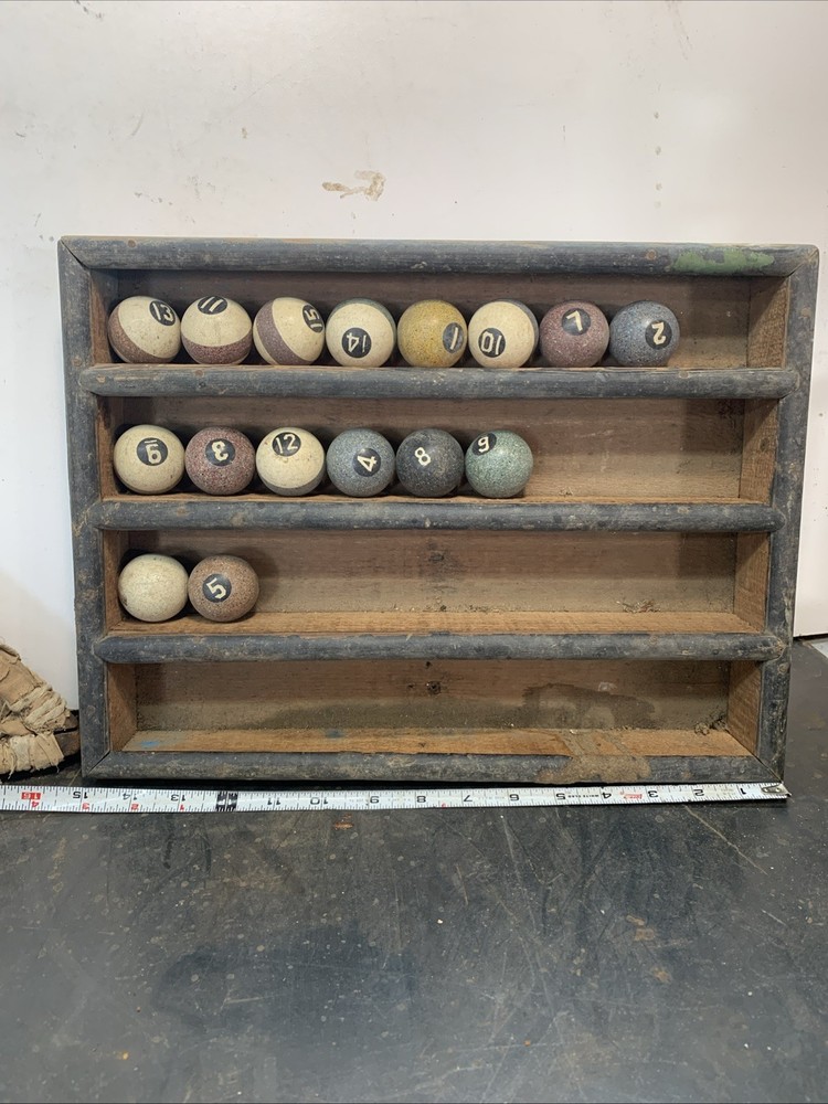 16 Mini Billiard / Pool Balls and Display- Unique Antique Set