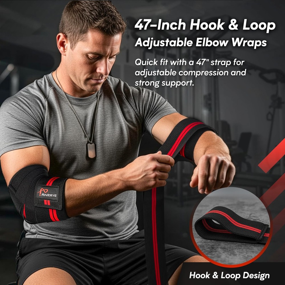 Elbow Wraps for Weightlifting 47" Adjustable Compression Straps & Brace for ...