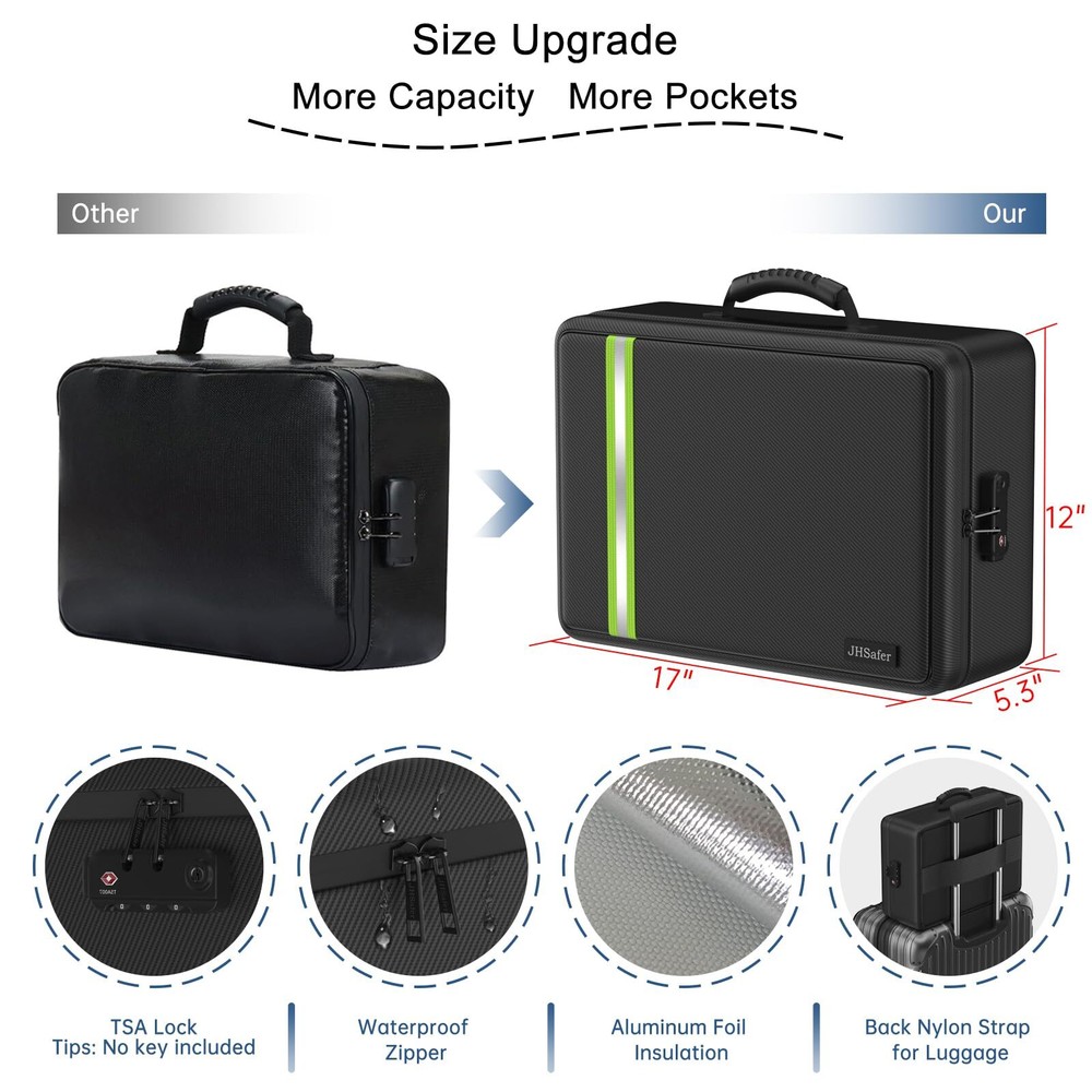 5200 Fireproof Document Bag Lock Zipper Box 17x12x5.3 inch 4-Layer Portable