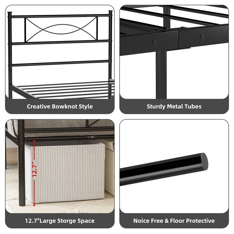 Metal Twin Bed Frame with Bowknot Headboard Easy Assembly Under Bed Storage