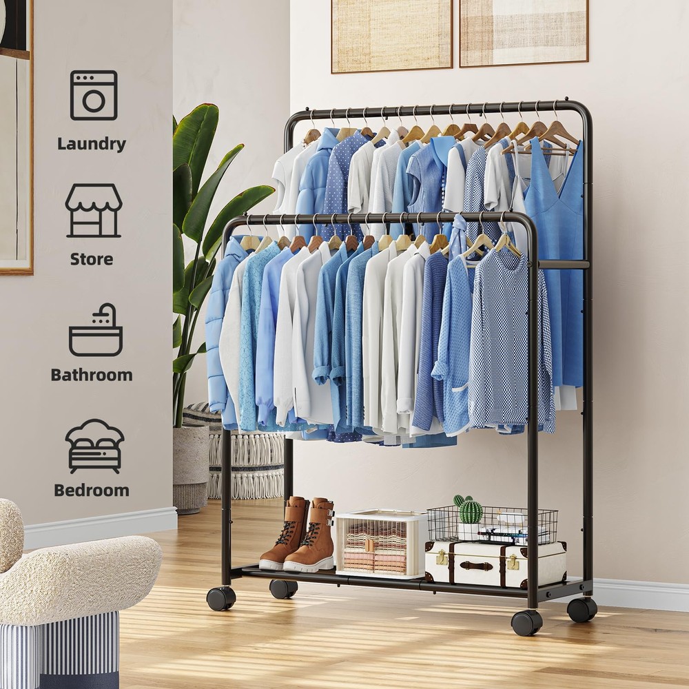 Double Rod Clothes Rack Rolling Garment Rack Black