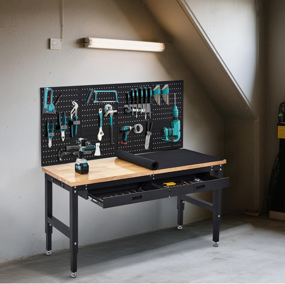 60-Inch Workbench with Power Outlets & Pegboard & Drawers Adjustable Work Table