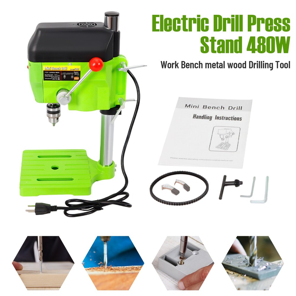 480W Electric Drill Press Stand Small Power Drilling Tool Mini Work Bench Green